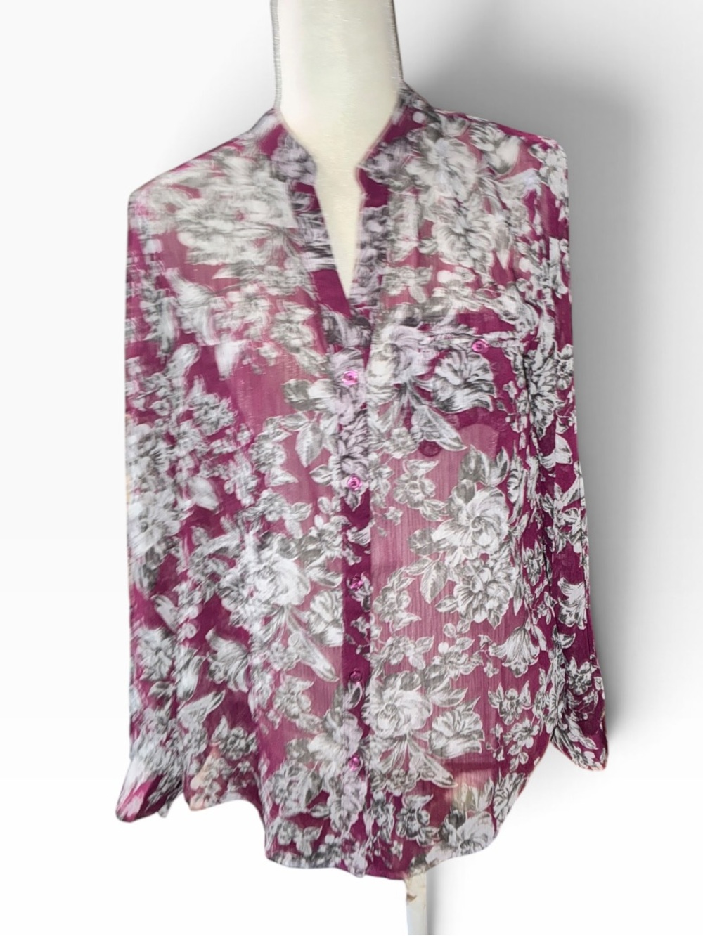 Kut from the Kloth Sheer Floral Button-Up Blouse - Plum and White
